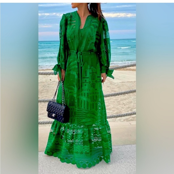 Like New House of Harlow 1960 Dress Morada boa Guipure emerald green lace sz Sm - Picture 12 of 12